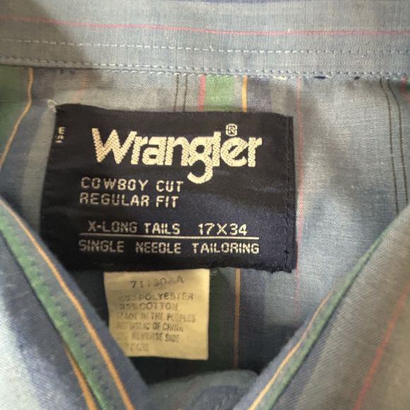 Wrangler Mens Cowboy Cut Western Pearl Snap Striped 17x34 Xtra Long Tails Blue - Picture 4 of 7